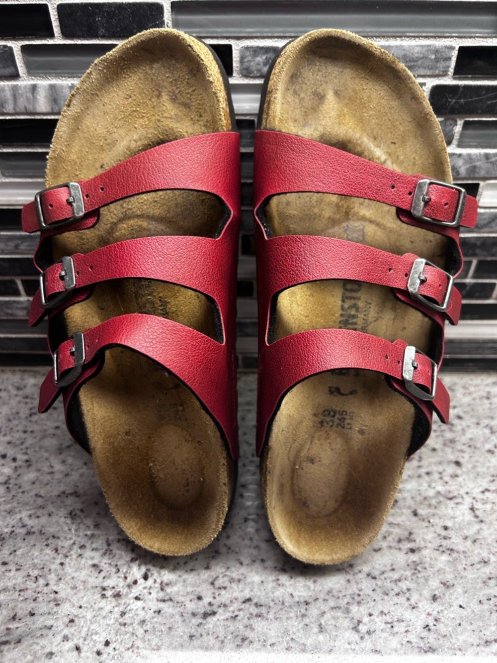 Birkenstock Red Triple-Strap Cork Footbed Sandals womens size 7 ==mens 5 - Picture 2 of 8